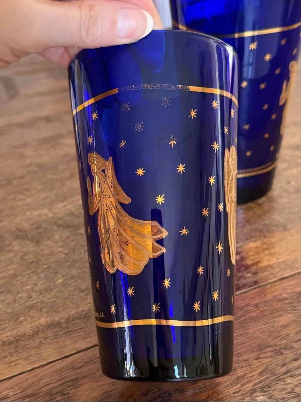 MCM Glassware: Vintage Culver Cobalt Blue and 22K Gold Angel Tumblers